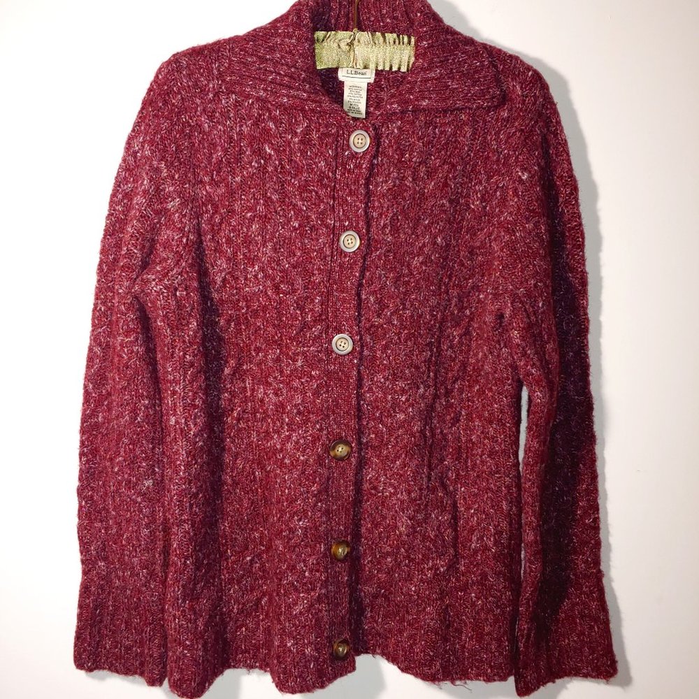 LL BEAN Wool Blend Button Down Collared Cable Knit Cardigan  Size M Wine…